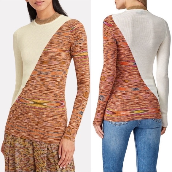 MISSONI Wool Rib Knit Asymmetric Colorblock Long Sleeve Mockneck Slim Sweater M - Picture 5 of 10